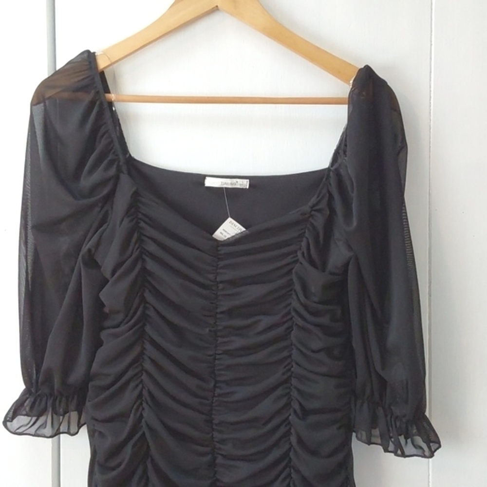 Timing LA|Black Rouched Sheer Sleeve Y2K Whimsigoth Edgy Mini Dress Sz.L